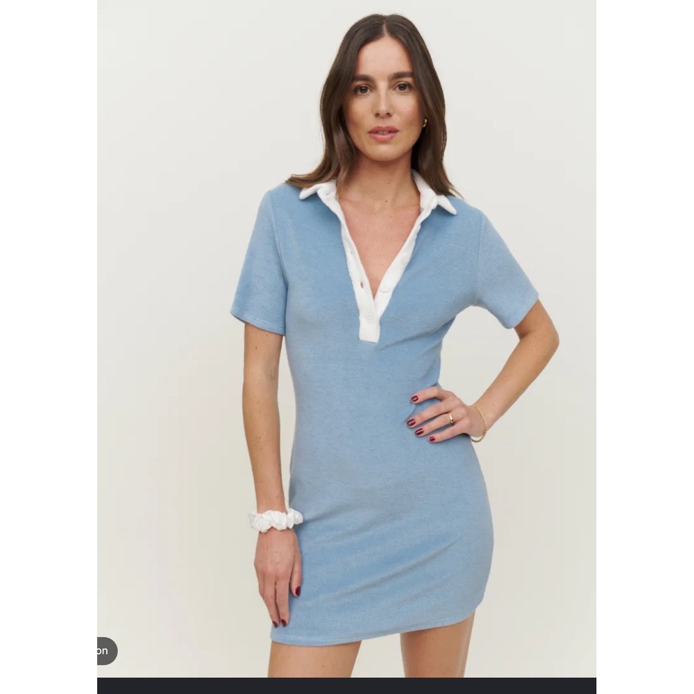 Reformation Terry Cloth Polo Mini Dress Blue White Collar XS Short Sleeve